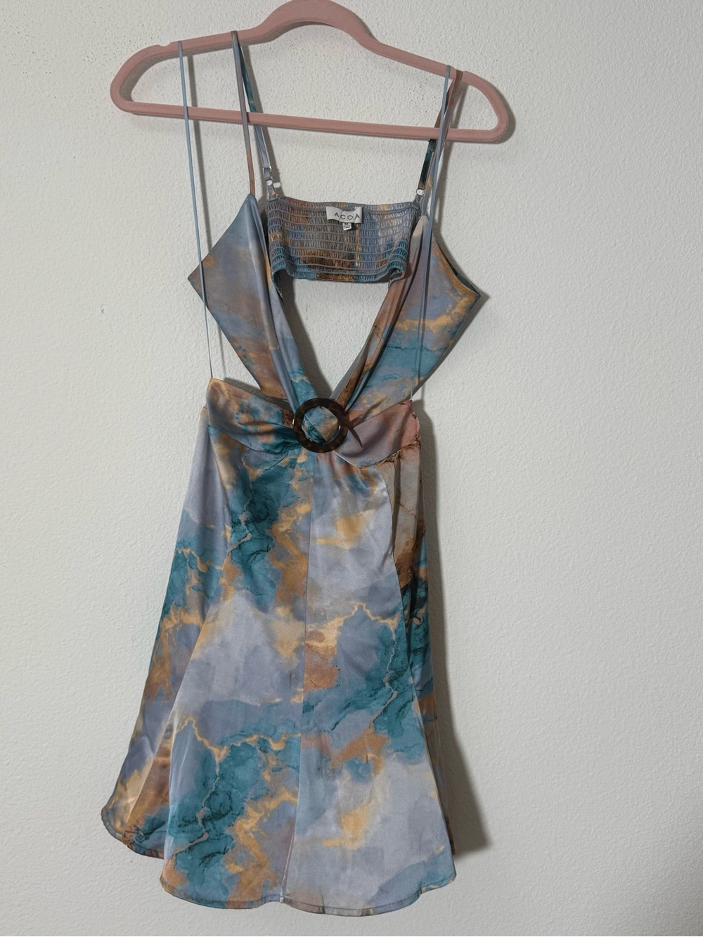 Acoa Marble Print Ring Cutout Halter Fit & Flare Mini Dress Beach Resort M